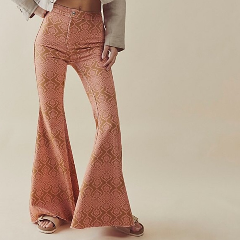 Free People Peach Patterned Flare Jeans